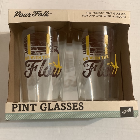NOS 30Watt Vintage 2 Pour Folk Pint Beer glasses 'Go with the Flow' Brown yellow - Picture 1 of 7